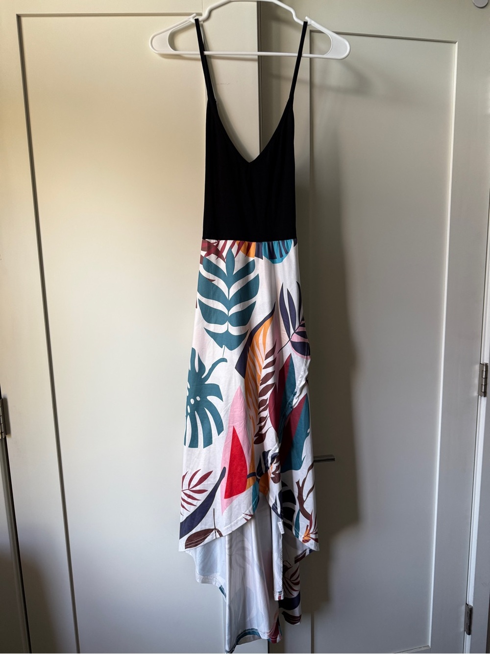 Tropical Print High-Low Spaghetti Strap Dress, Size M